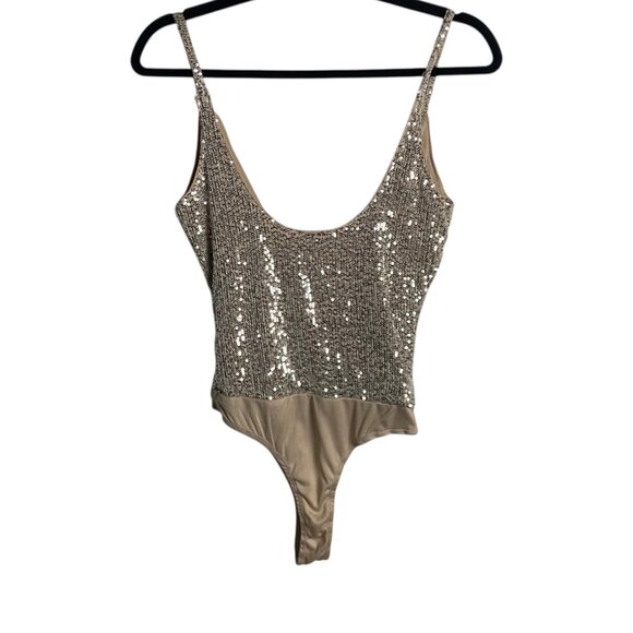 Windsor Sequin Bodysuit in Silver and Tan - Picture 2 of 6